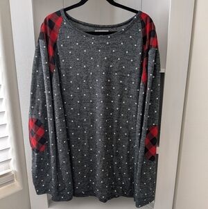 Gray Polka Dot Long Sleeve Sweater with Red Plaid Accents